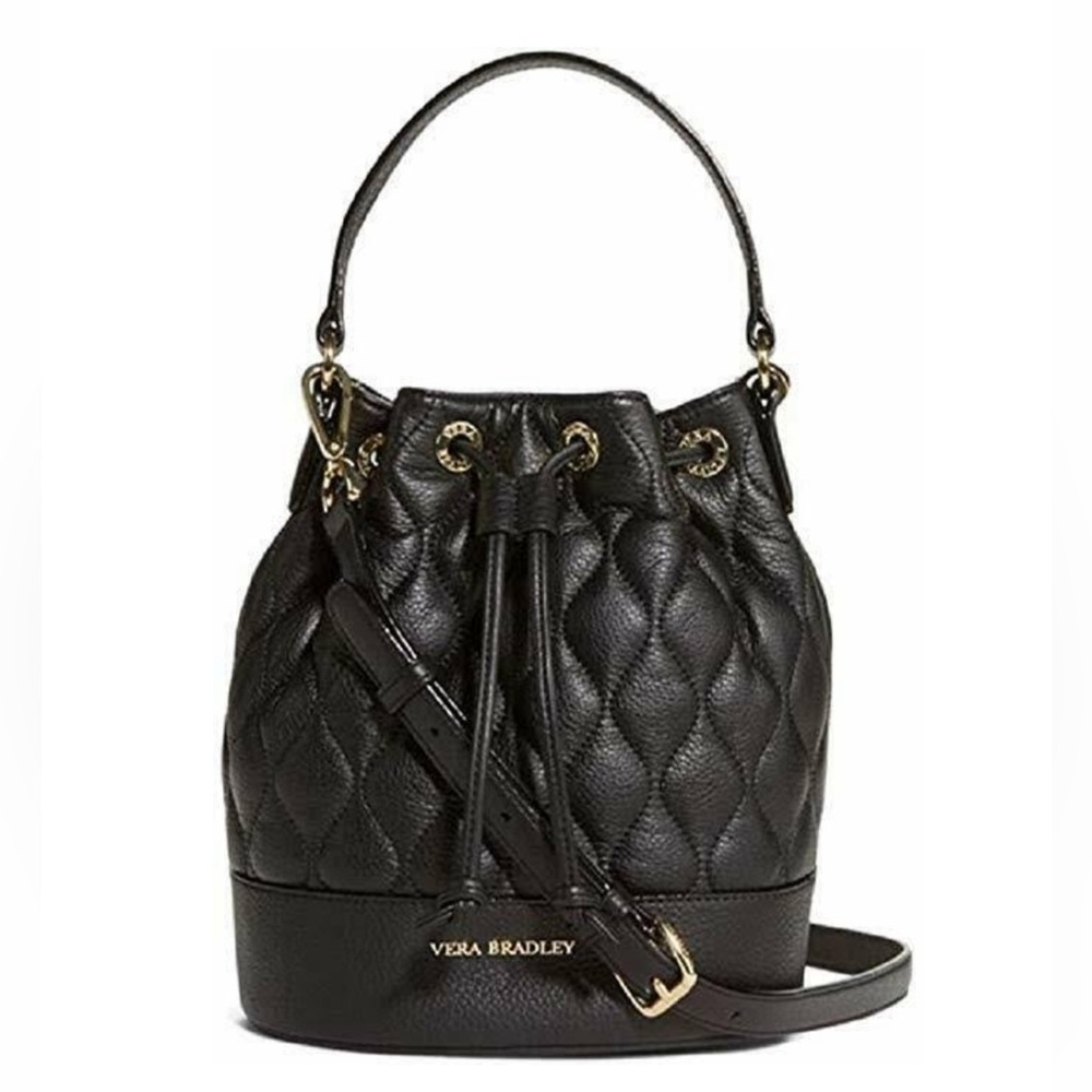 Vera Bradley Emerson Black Leather Quilted Bucket Purse